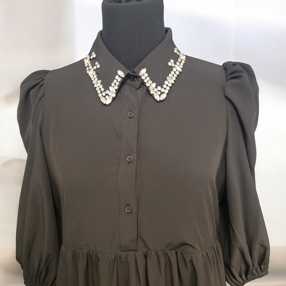 TCEC Black Tiered Dress with Rhinestone Collar Size M - Picture 2 of 4